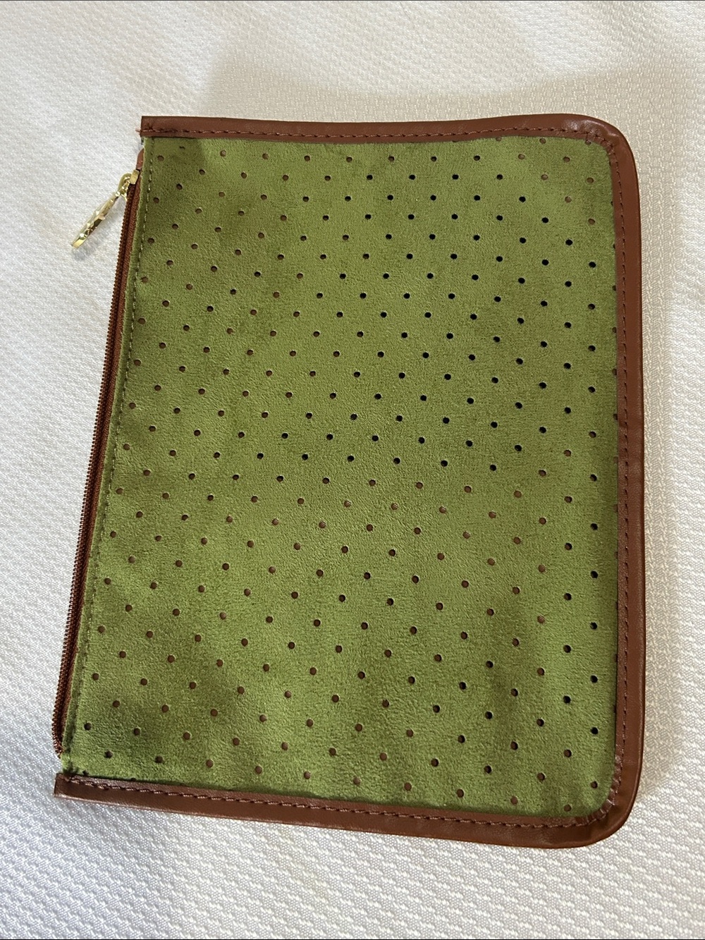 Estee Lauder Olive Green Perforated Zip Folio with Brown Trim